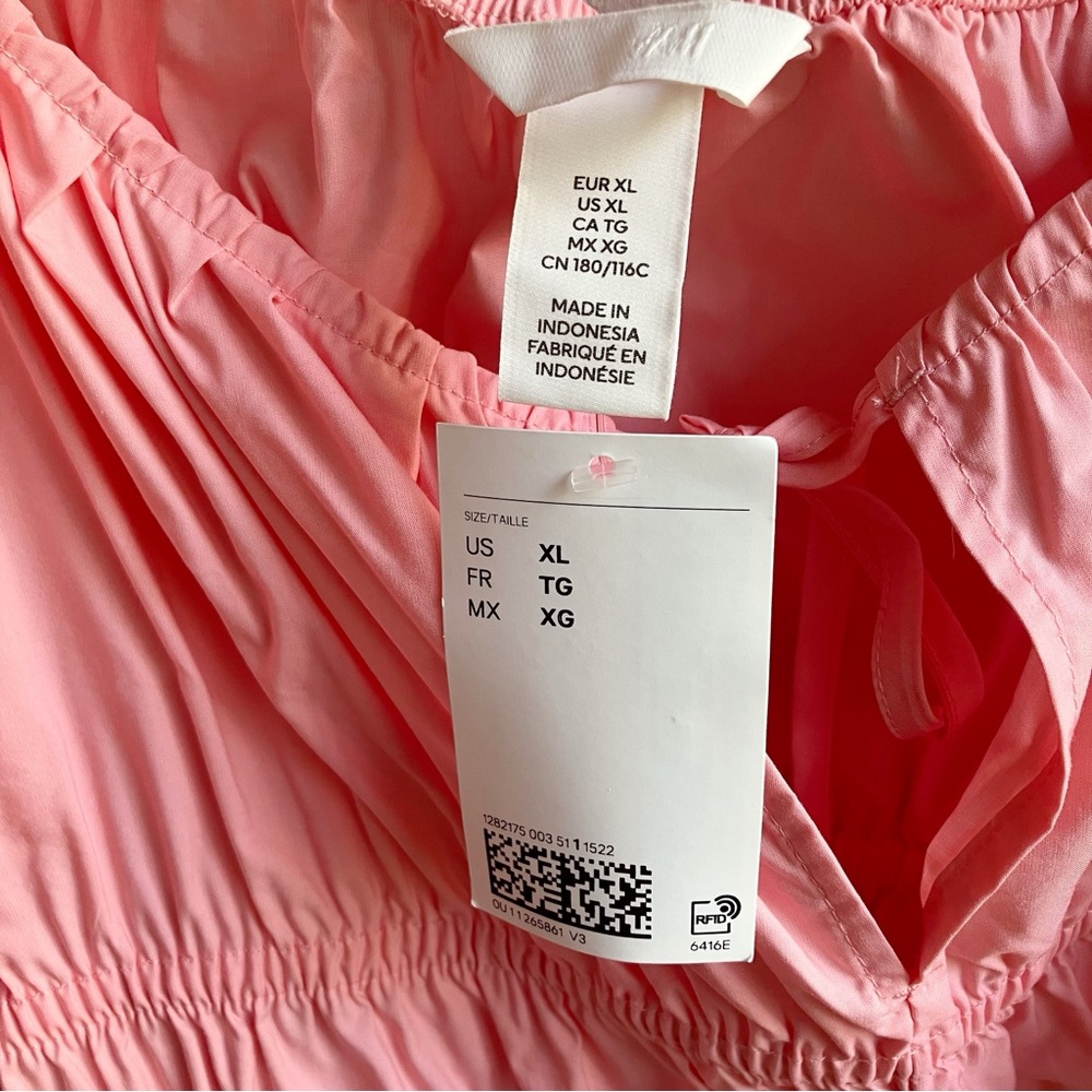 H&M Pink Puff Sleeve Blouse Size XL Cotton Poplin Ruffles Tie Keyhole Feminine - Picture 5 of 12